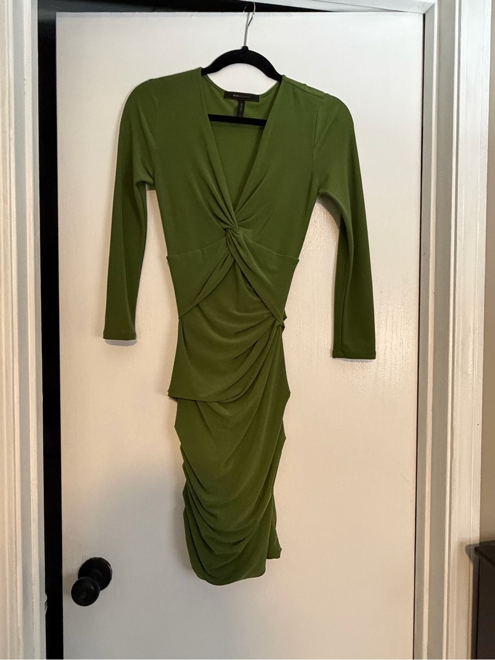 BCBGMaxAzria Olive Green Twist-Front Ruched Midi Dress